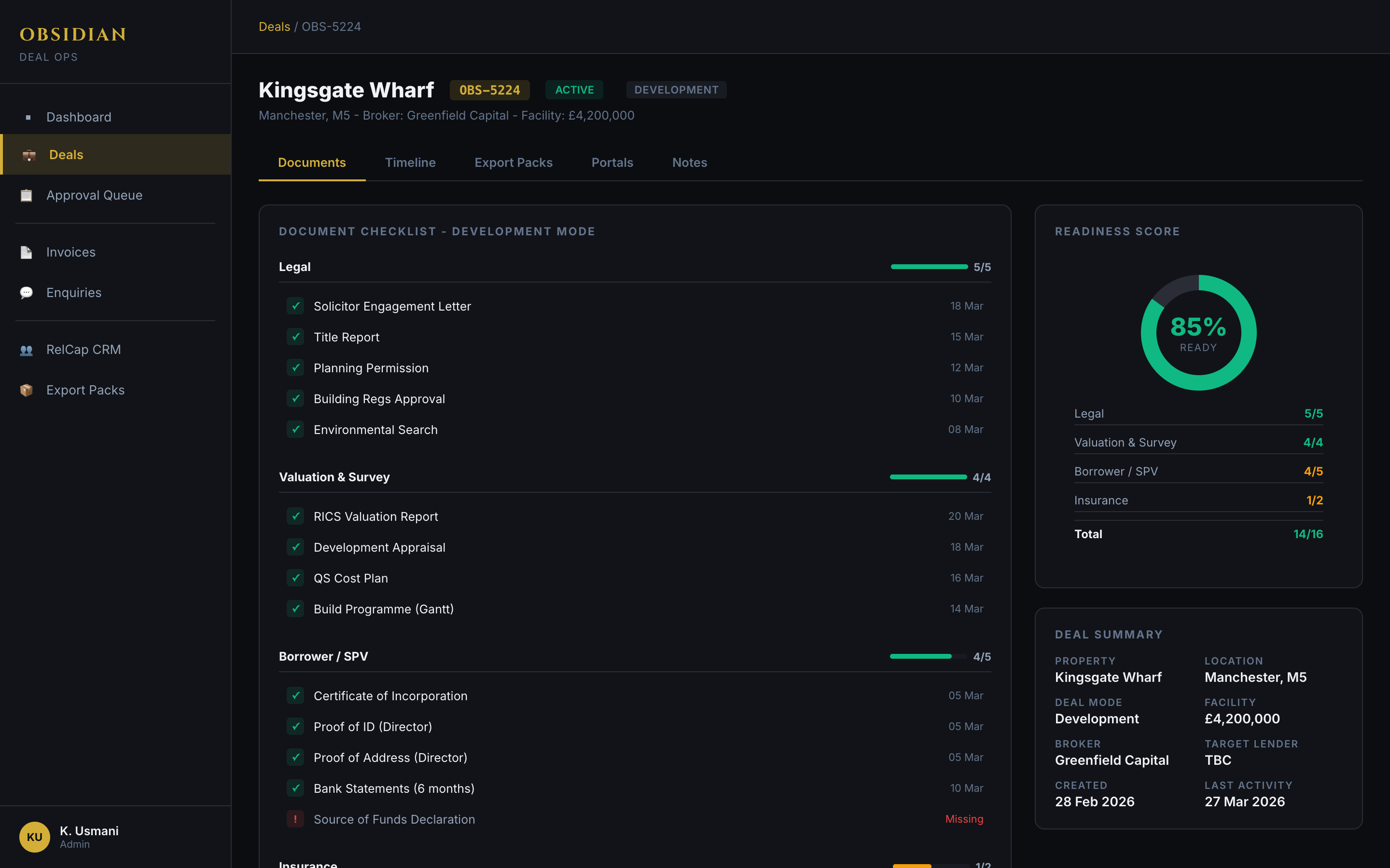Obsidian deal detail view with document checklist, readiness tracking ring, and data room structure - illustrative data