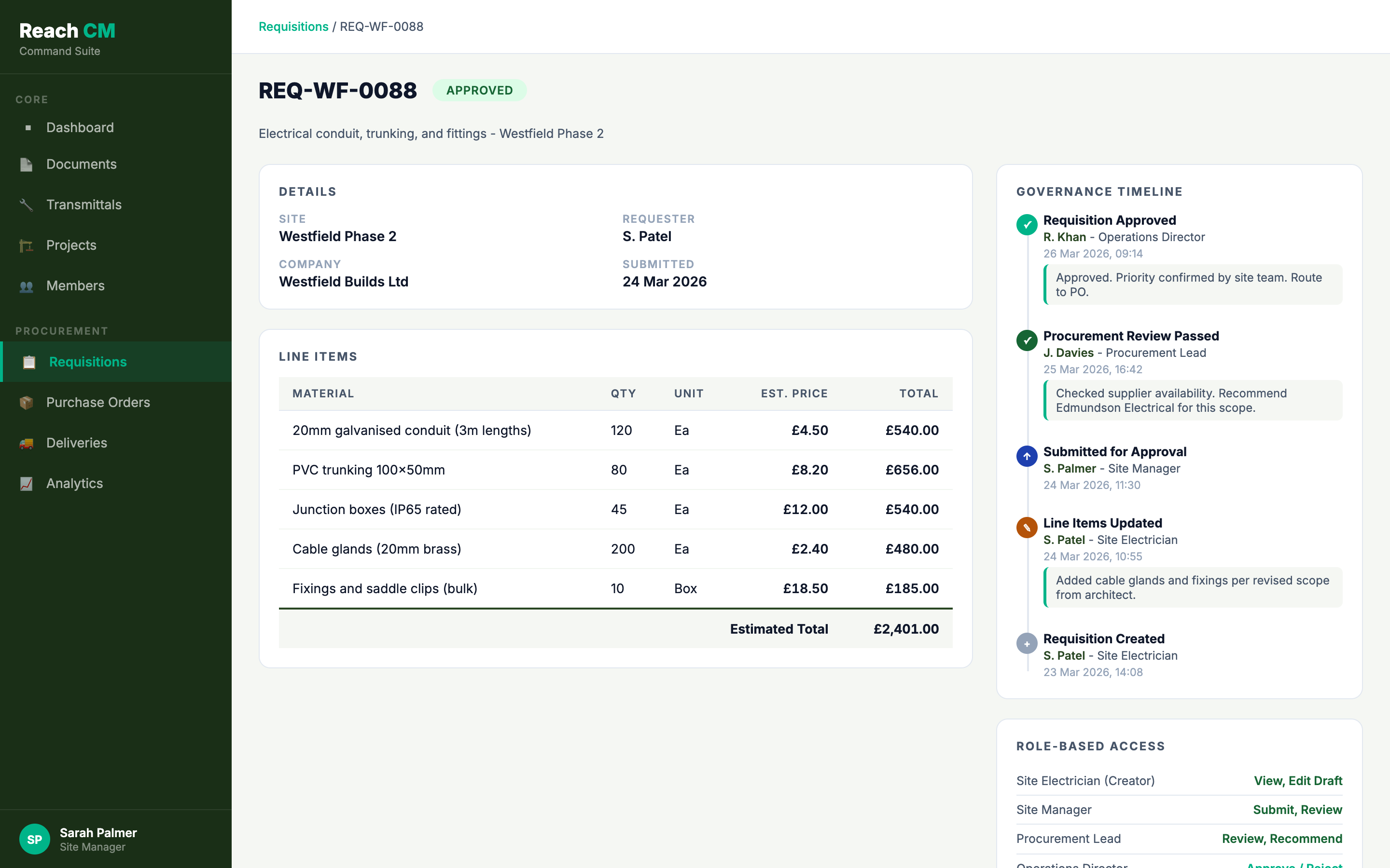 Role-based approval workflow showing governance timeline, approval stages, and access permissions - dummy data for illustration