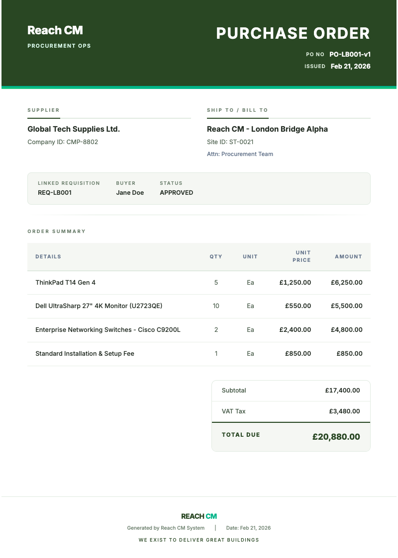 Reach CM generated purchase order showing supplier details, order summary, line items, and VAT breakdown - dummy data