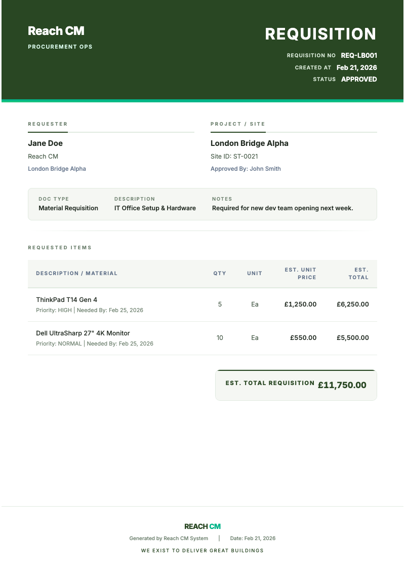 Reach CM generated requisition document showing requester details, site information, line items, and totals - dummy data