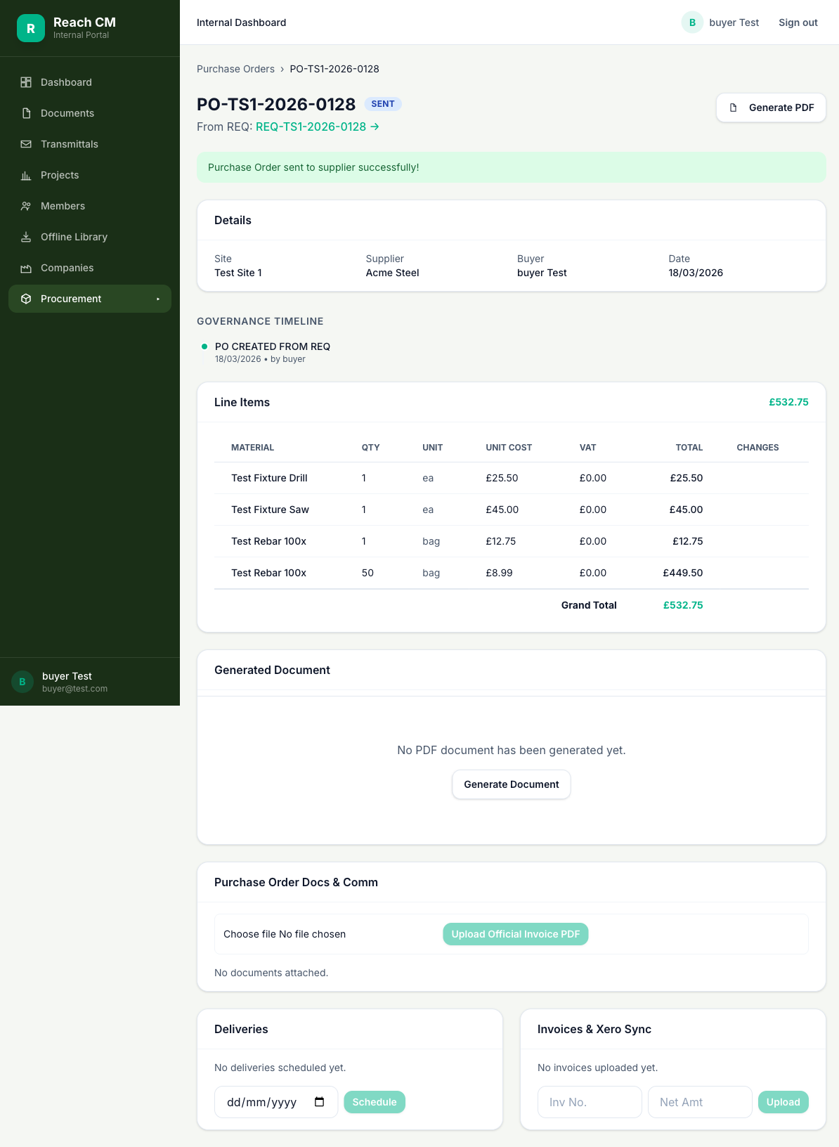 Real Reach CM product screenshot showing purchase order detail with sent status, line items, VAT calculations, and governance timeline